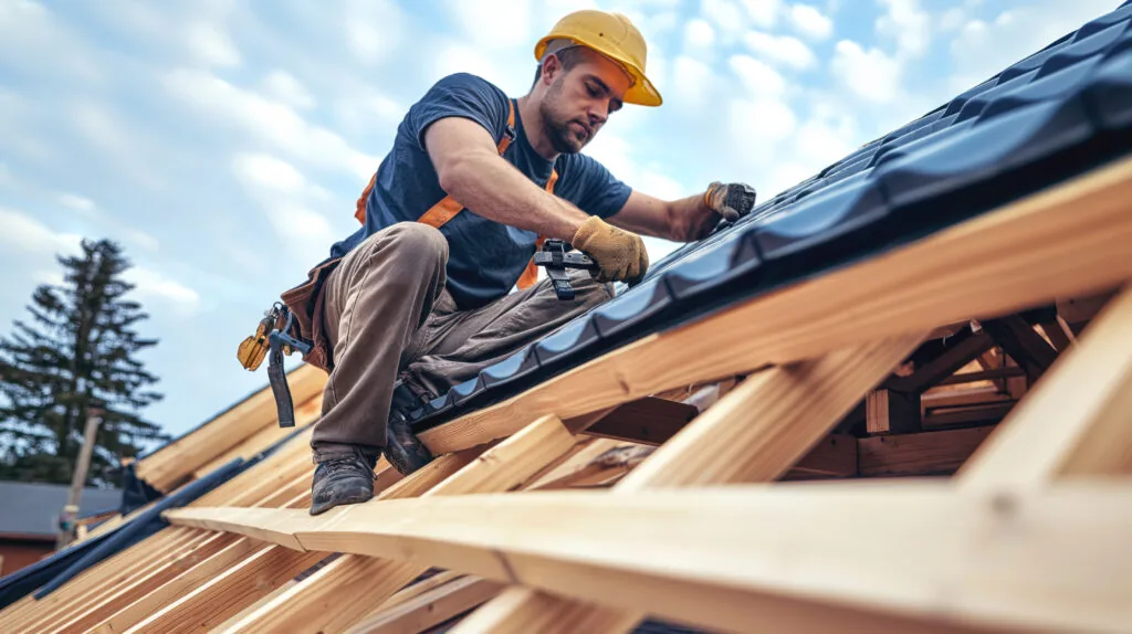Construction worker wearing hard hat safety gear installing roofing materials wooden roof framework | Clearway Exteriors