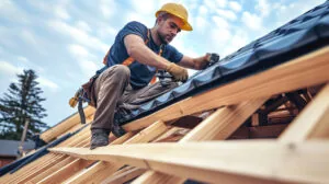 Construction worker wearing hard hat safety gear installing roofing materials wooden roof framework | Clearway Exteriors