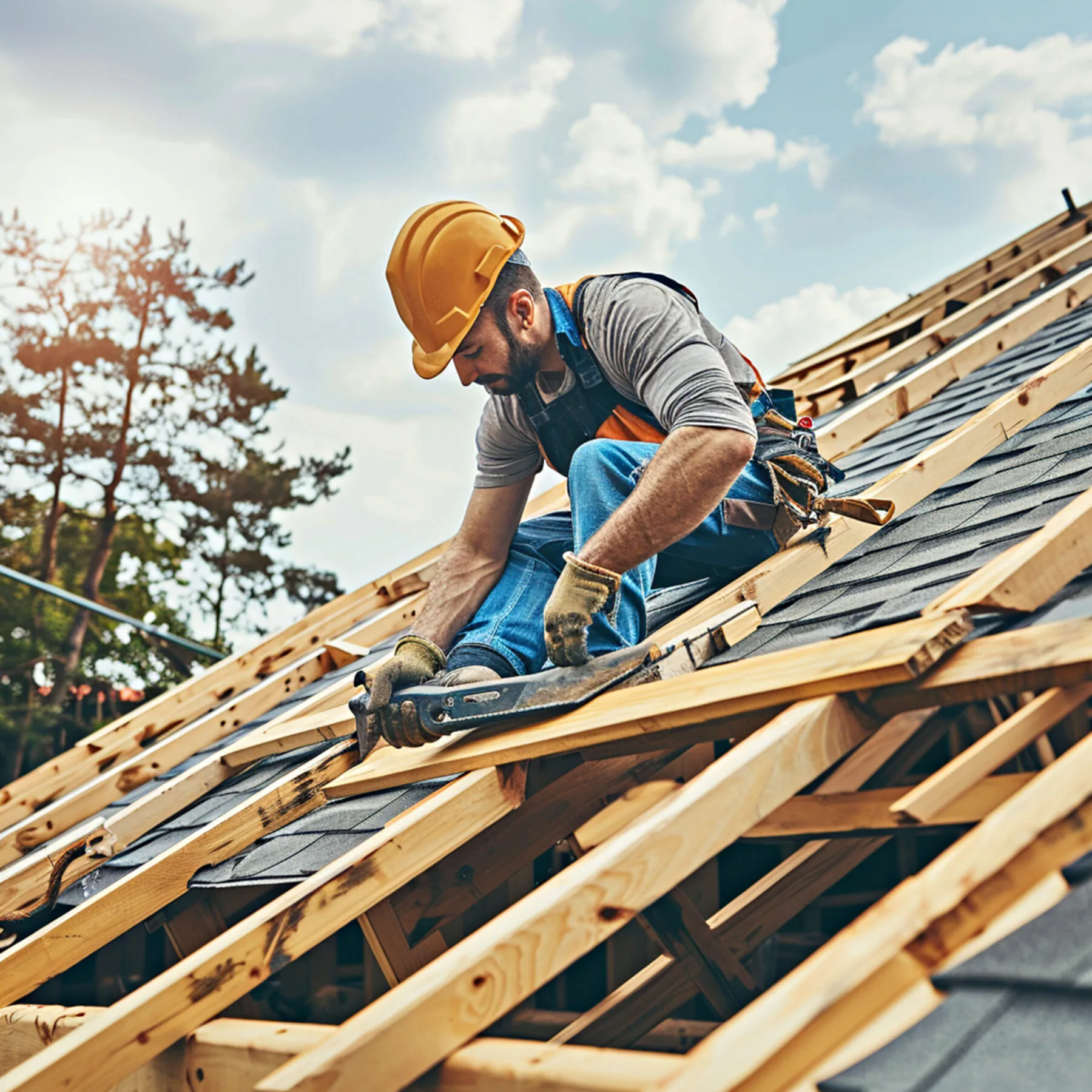 Rooferbuilder working roof structure building construction site | Clearway Exteriors