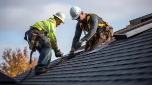 Roofing craftsmanship as dedicated professionals install shingles residential house utilizing their knowledge teamwork