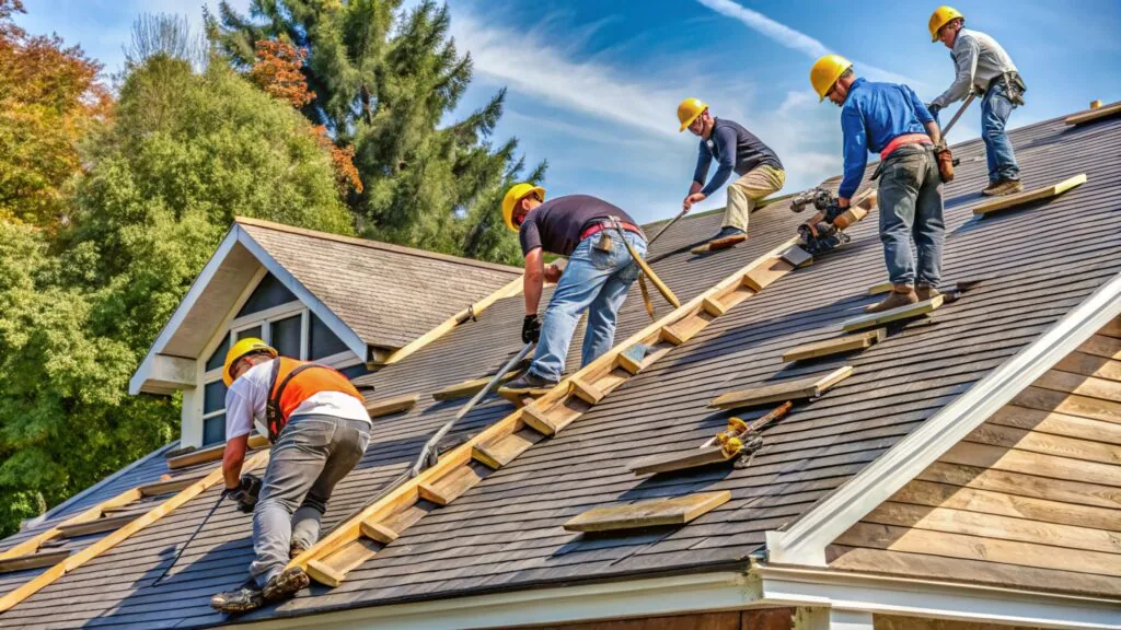 Workers installing roofing shingles new house showcasing quality construction skilled | Clearway Exteriors