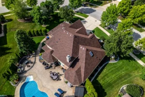 Aerial drone view of a completed roof replacement by Clearway Exteriors in Palos Park, IL