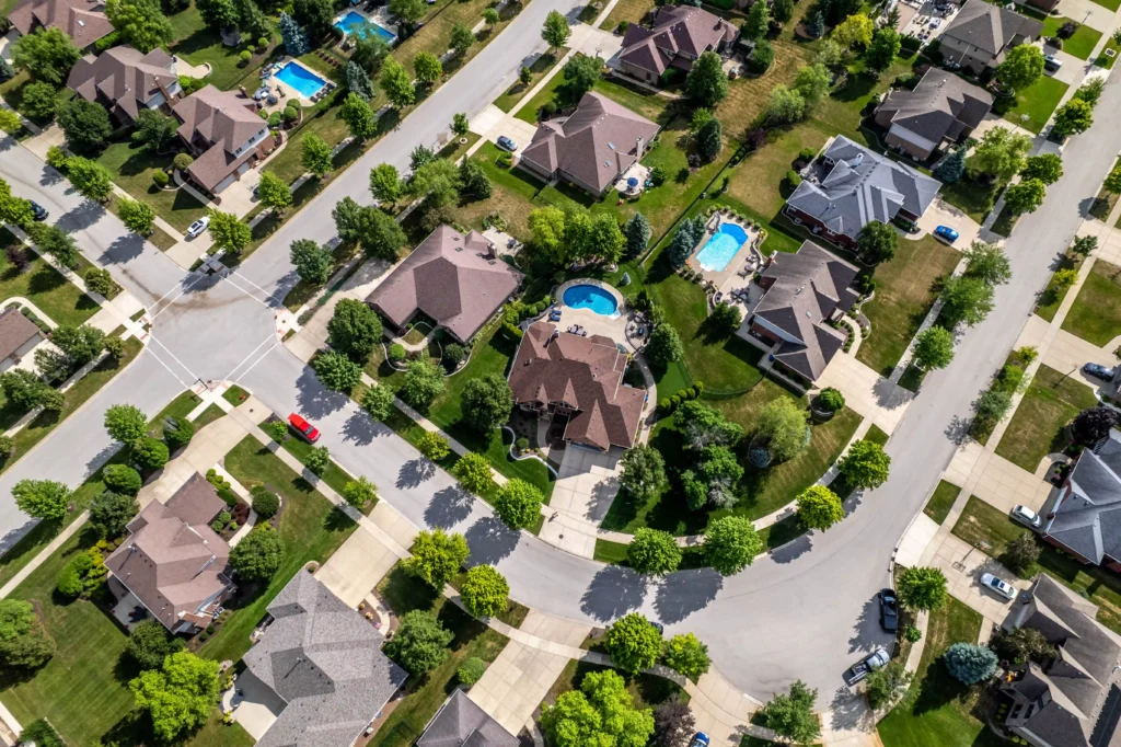 Aerial view of a completed Clearway Exteriors roof